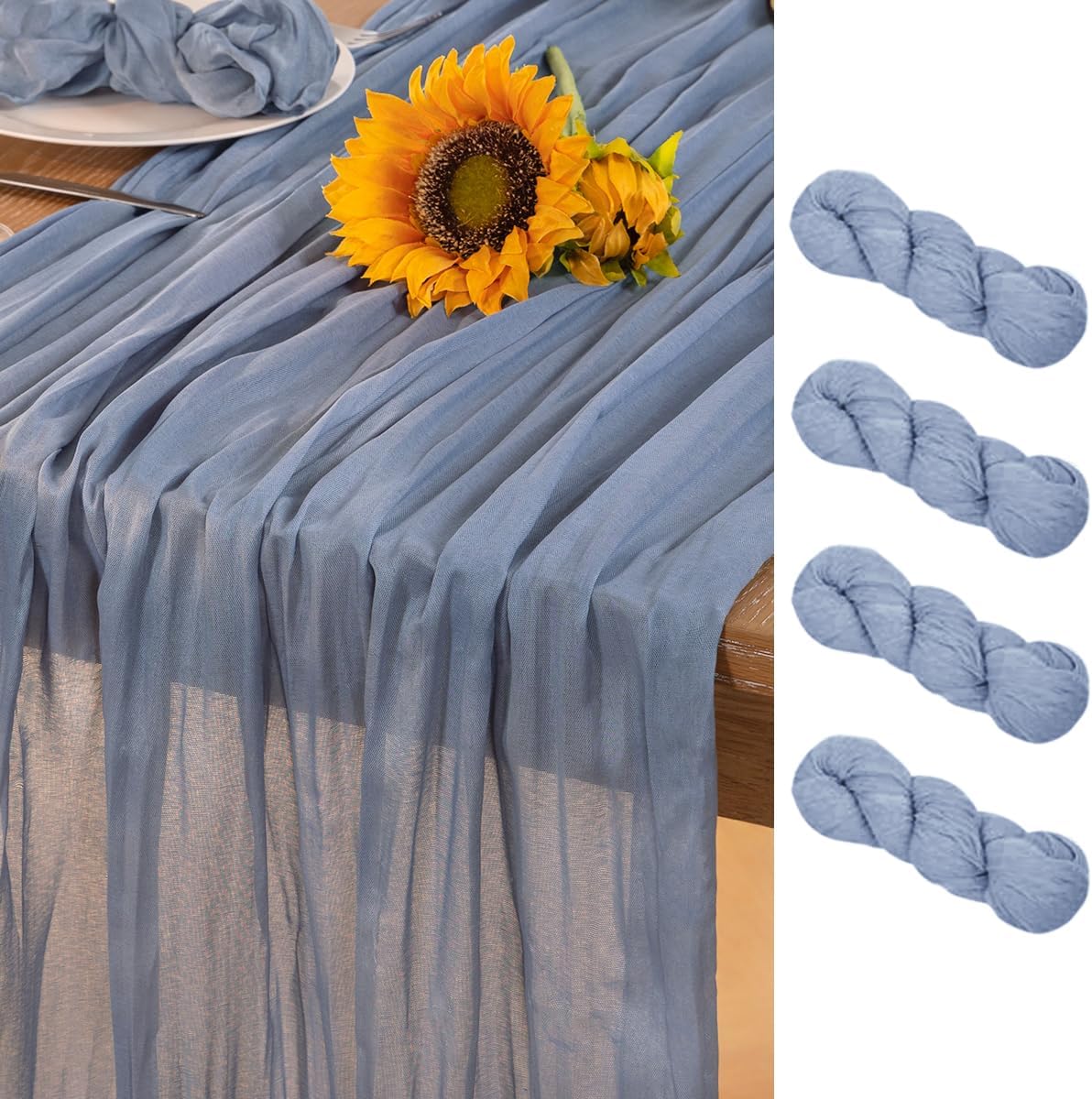 Dusty Blue Cheesecloth Table Runner 4 Pack Fall Table Runners Boho Gauze 120 Inches Blue Cheese Cloth Fall Table Decorations for Thanksgiving Marine Weddings Bridal Baby Shower Birthday Party