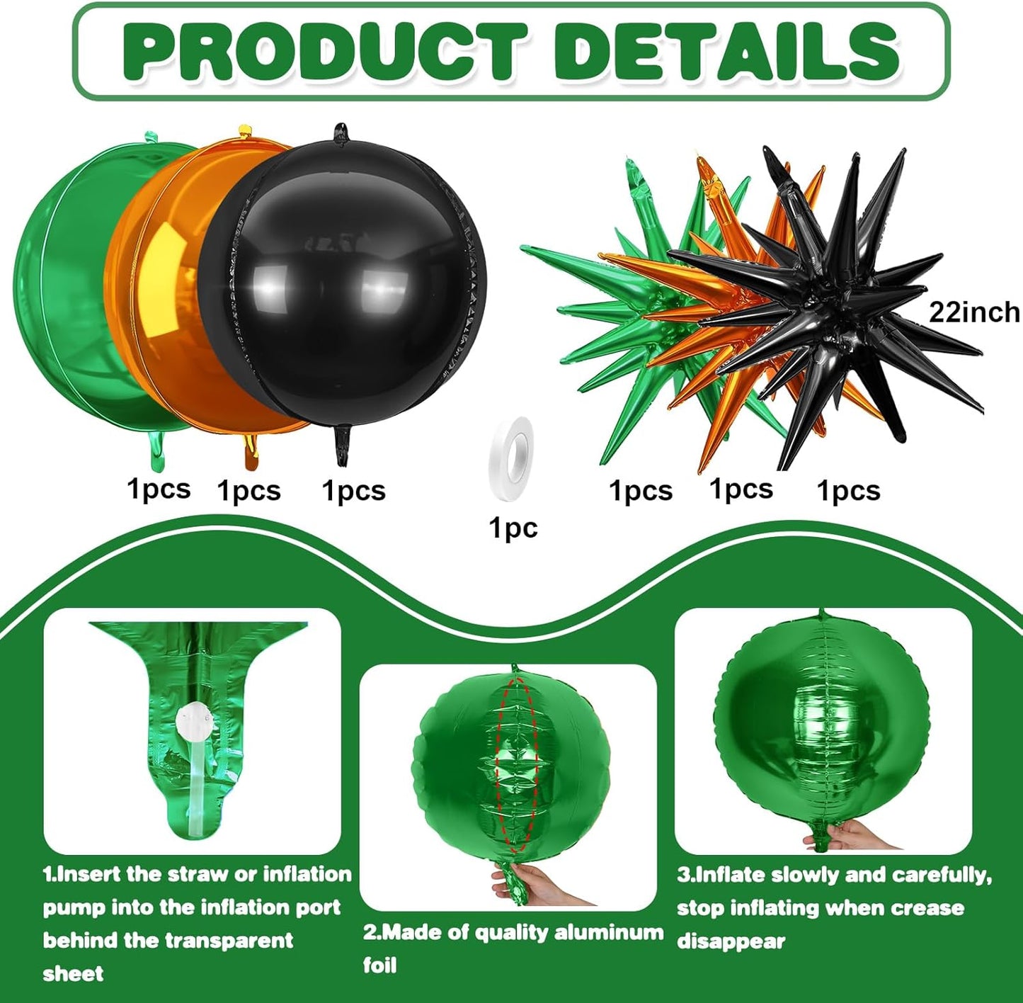 6Pcs Black Green Orange Foil Balloons,22Inch Black Orange Green 4D Round Ball Balloon and Explosion Star Balloon for Halloween Birthday Wedding Baby Shower Anniversary Party Decorations