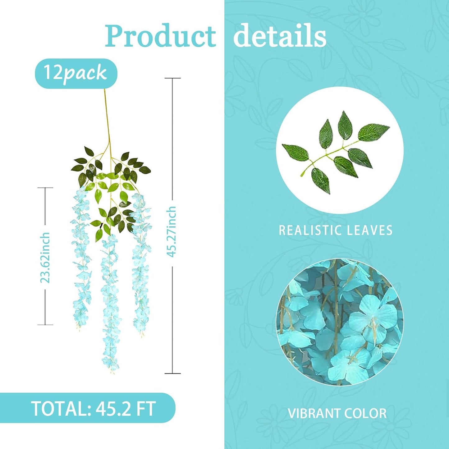 12 Pack Teal Wisteria Hanging Flowers Garland, 3.77 Feet Artificial Flower Vines, Fake Wisteria, Artificial Vines Hanging Garland for Backdrop Outdoor Yard Garden Decor
