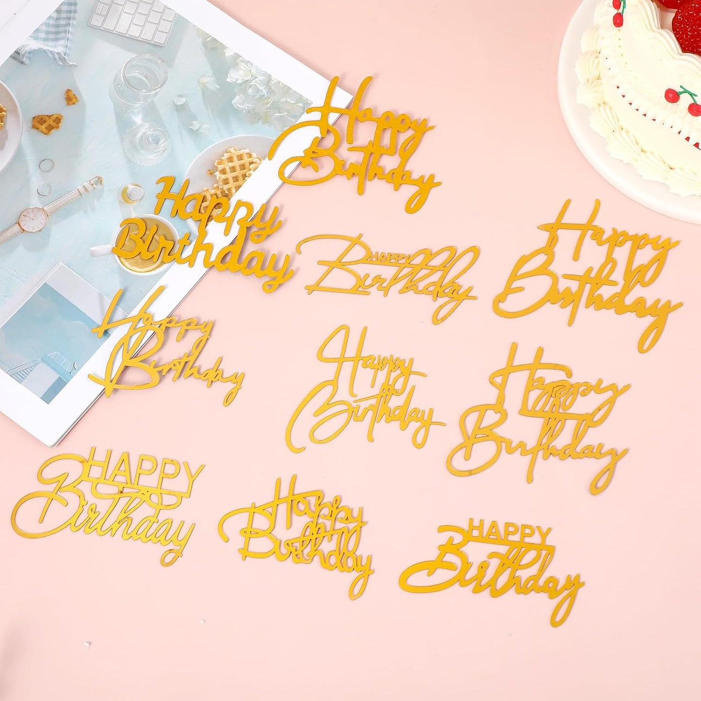100 Pcs Happy Birthday Cake Toppers Mirror Acrylic Cupcake Topper Cupcake Decorations Happy Birthday Sign for Cake Side Inserts Decor Party Supplies 10 Style(Gold)