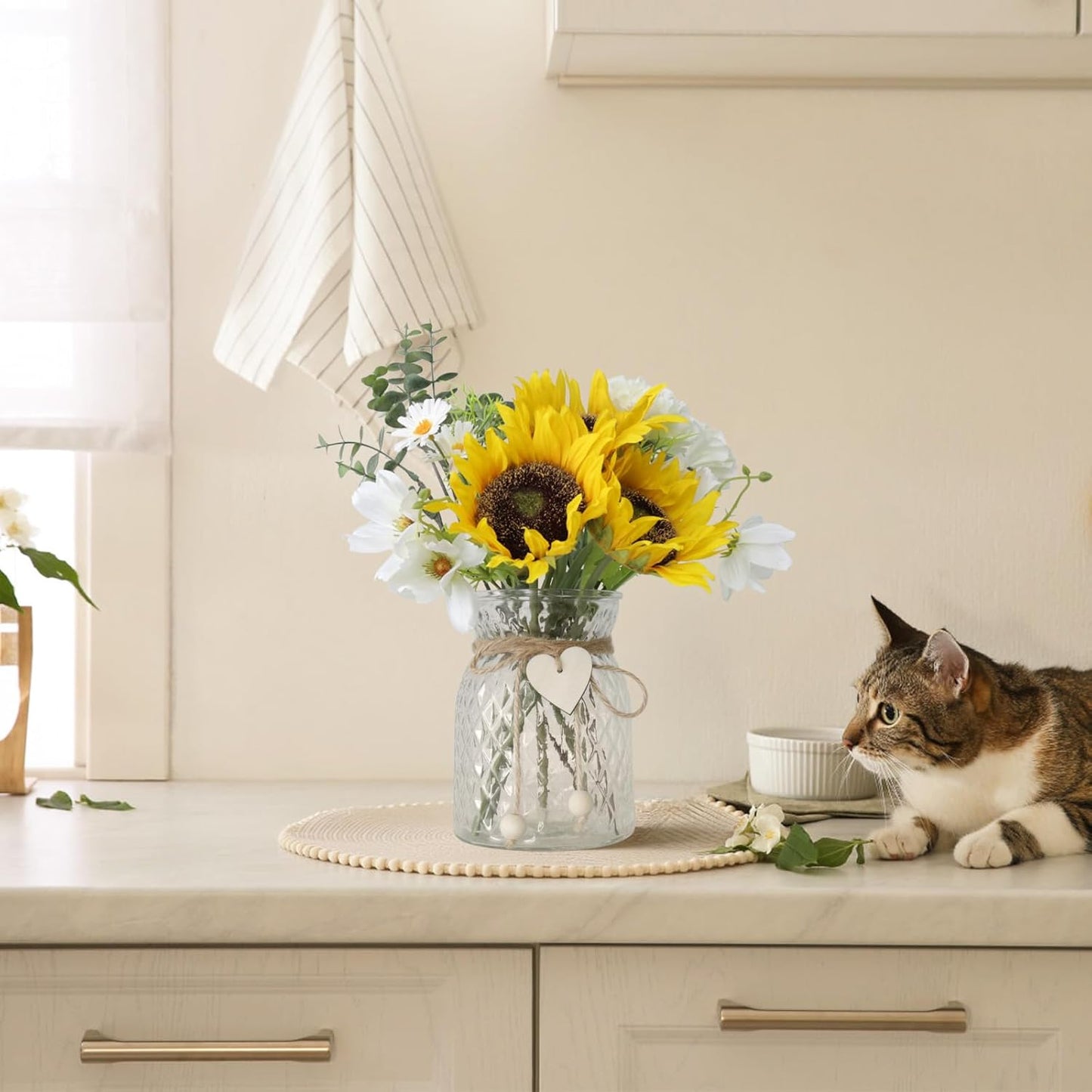 Artificial Sunflower Bouquets in Vase with a Flower Arrangement Holder - Centerpieces for Dining Room & Coffee Table Decor