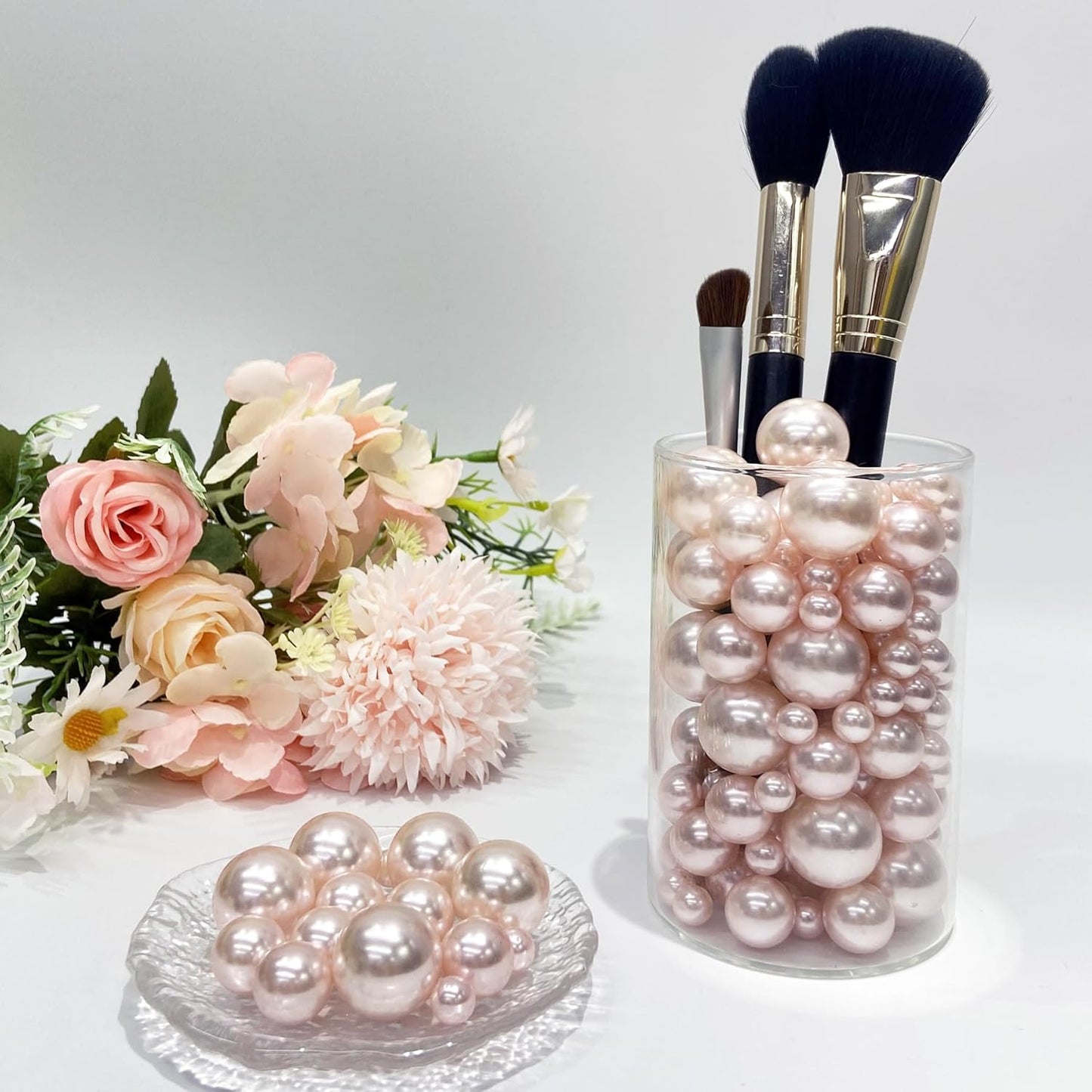 150Pcs Cream&Rose Gold Polished No Hole Faux Pearl Beads for Vase Filling Decorations, Plastic Pearls Vase Fillers, Table Scatters, Wedding Centerpiece, Home Decor, 8/14/20 mm