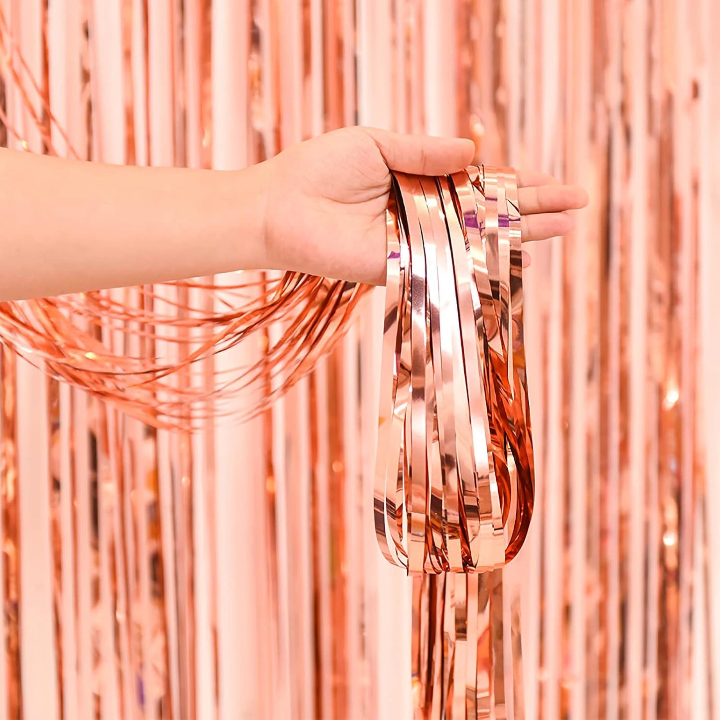 2 Pcs Rose Gold Metallic Tinsel Foil Fringe Curtains Backdrop, 3.28 ft x 6.56 ft Streamers for Birthday Wedding Engagement Bachelorette Party Photo Booth Bridal Shower Baby Shower Decorations Supplies