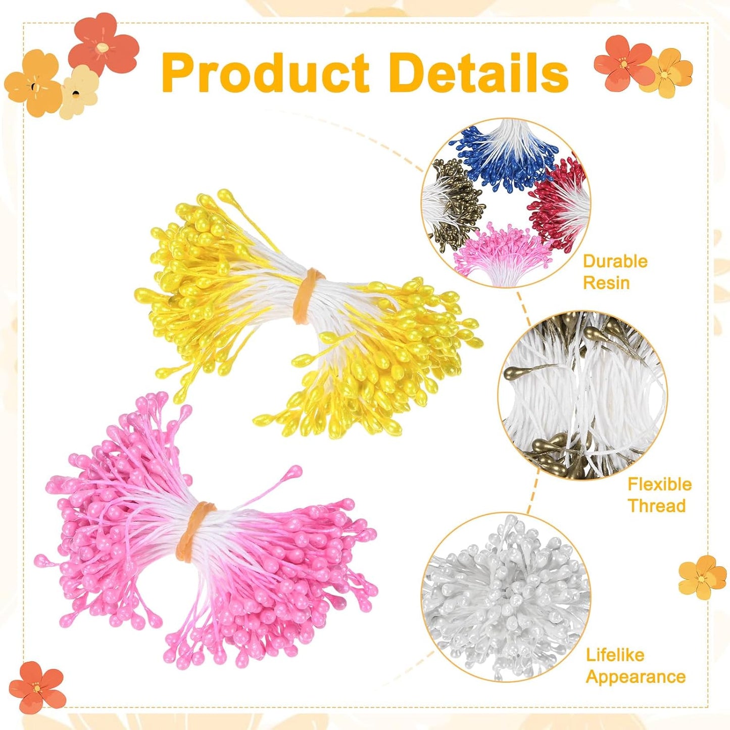 900-Pack Flower Stamens for Crafts, 5mm Double Heads Artificial Pearl Floral Pistil Mini Flower Pollens Stamens for DIY Making/Scrapbook Decoration [Dark Pink and 5 Colors]