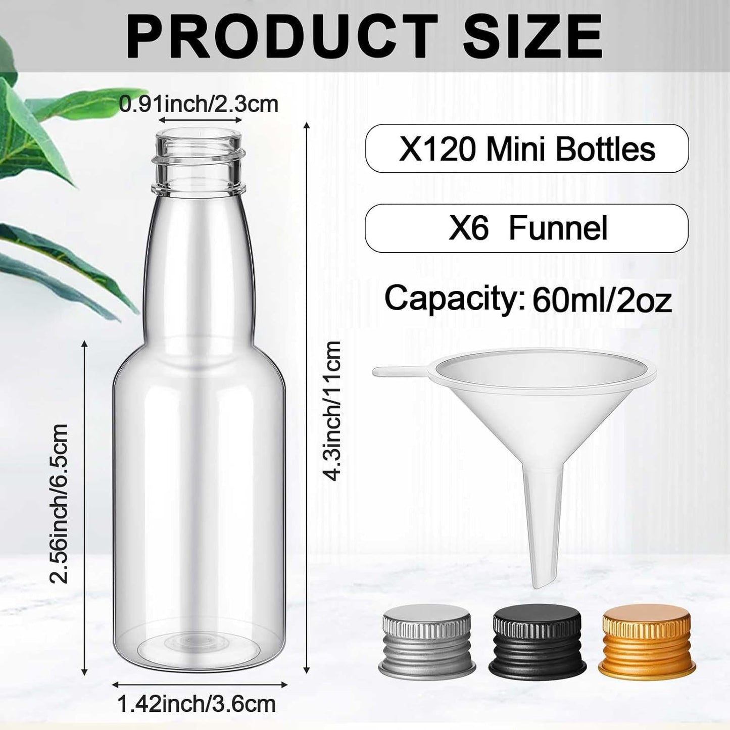 120 Pcs Mini Liquor Bottles Airtight Shot Miniature Empty Plastic Alcohol Spirit Shot Bottles with Funnels for Party Favors, Weddings(2 oz,Silver, Gold, Black)