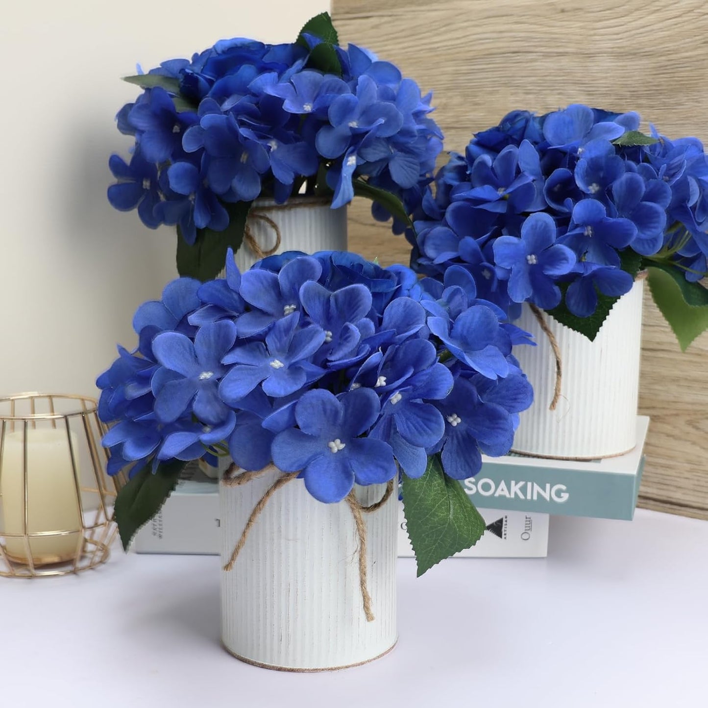 Flower Table Centerpieces - Set of 6 Floral Arrangement Artificial Wedding Hydrangeas Floral Arrangement with Rustic Metal Vase for Bridal Tea Party Event Decorations - Royal Blue