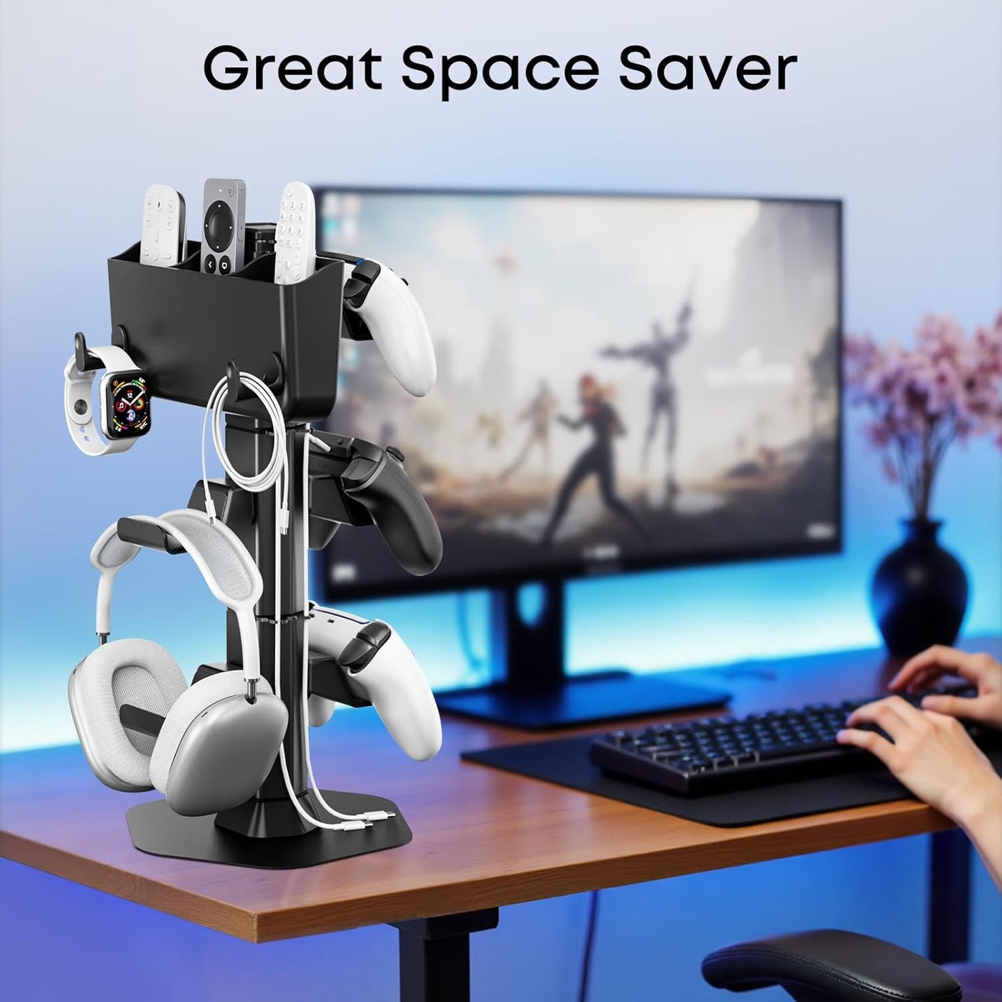 Controller Holder with Remote Control Storage Box, Headset and Controller Stand for Desk, Headphone Stand with Two Hooks for Watch Cable Key Chain, Gaming Accessories for P5/P4/Xbox/Switch