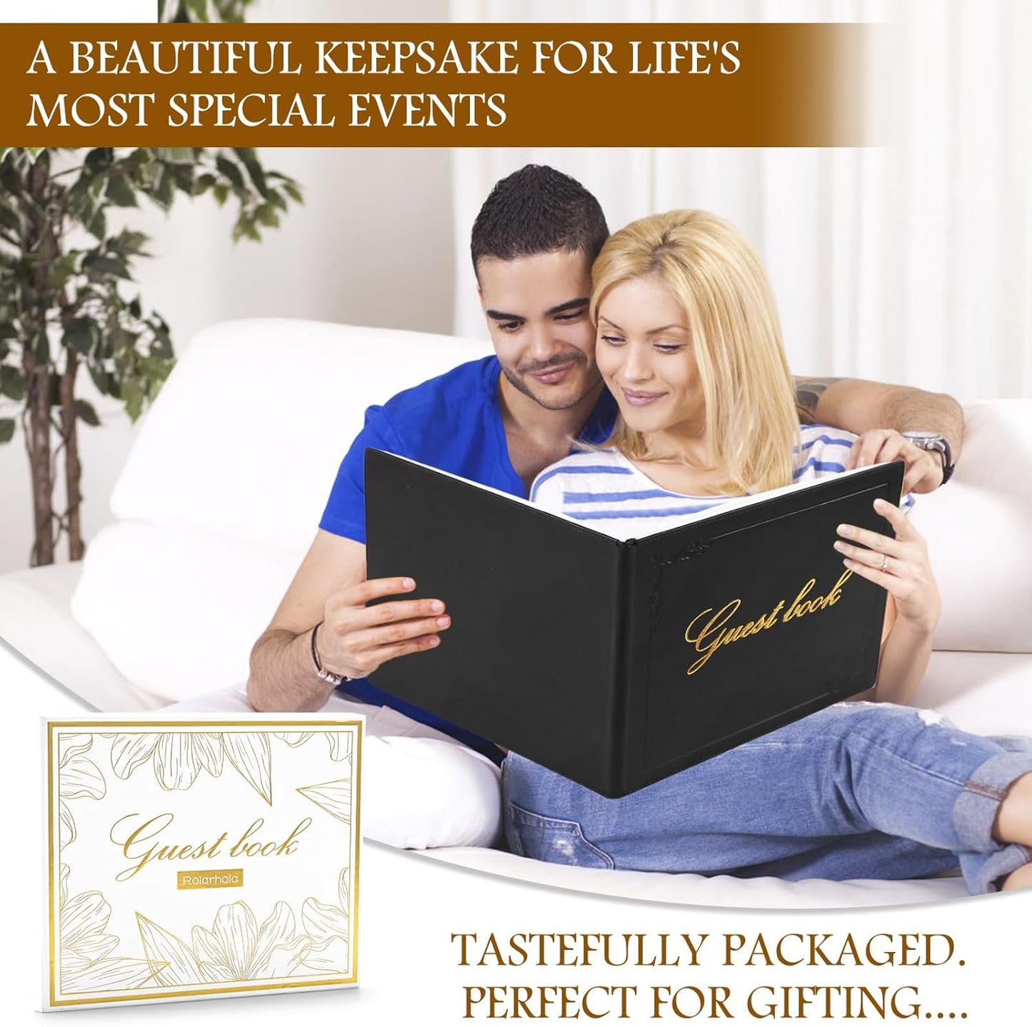 8x10 Leather Guest Book and Standup Sign Set, Gold Foiled Cover Registry Book for Wedding Reception, Retirement Party, Vacation Homes and Events, 120 Pages (Black)