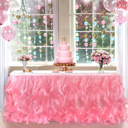 Luxury Organza Mesh Table Skirt Draping Floating Romance - Perfect for Bridal Showers, Birthday Weddings - Clear Flowing Decoration for a Wonderful Main Cake Table (Watermelon Red-6ft, 72" L×30" H)