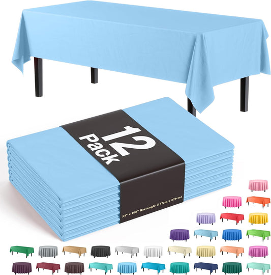 Exquisite 12-Pack Premium Plastic Tablecloth 54in. x 108in. Rectangle Table Cover - Light Blue