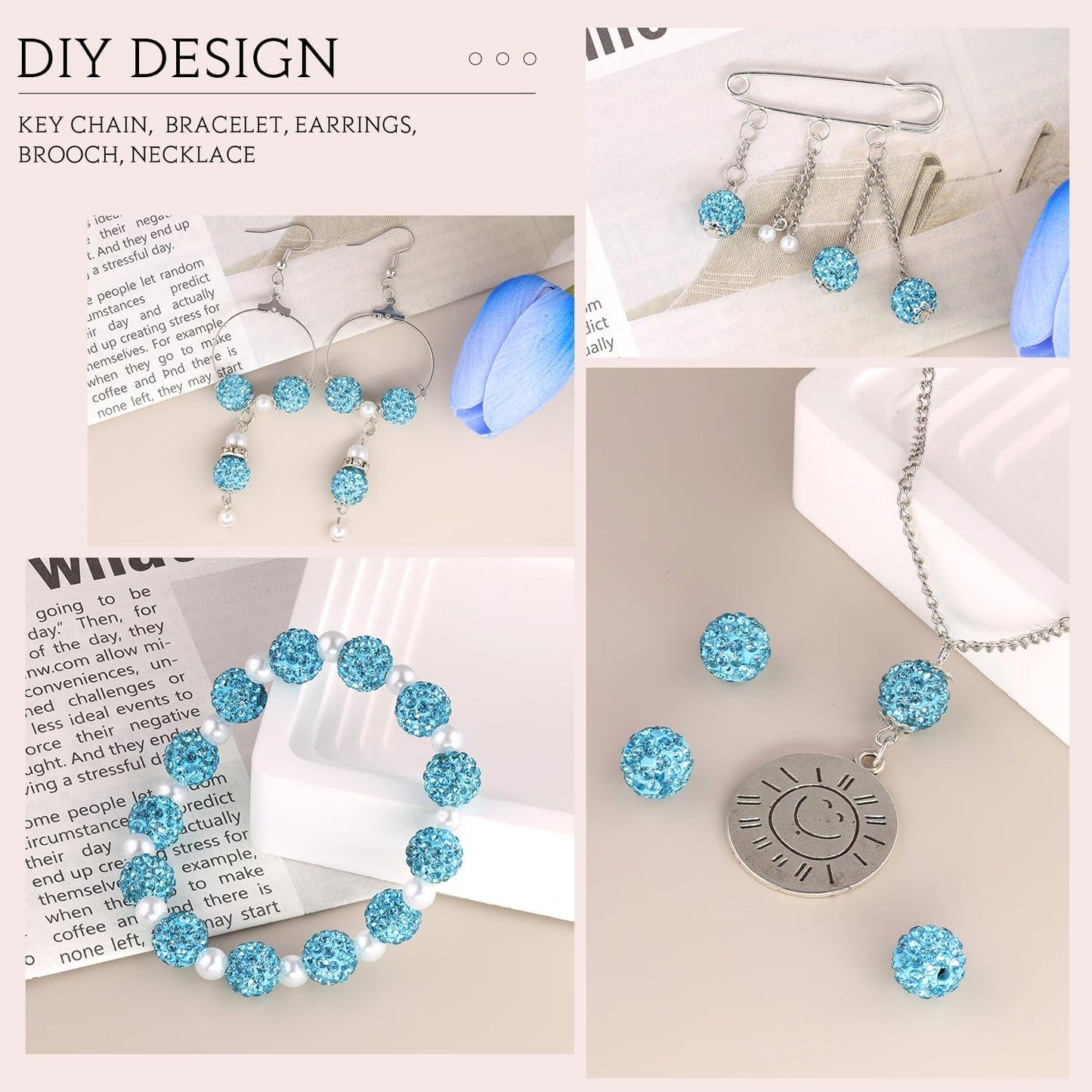 100 pcs 10mm Rhinestone Beads for Jewelry Making, Aquamarine Shiny Round Shamballa Disco Beads Bulk, Sparkle Crystal Clay Christmas for Bracelet Baseball Necklace Earring Crafting and DIY