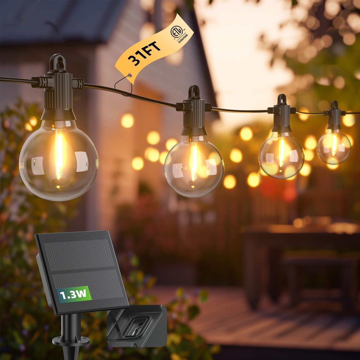 Kawaya Outdoor String Lights, LED Patio Light, Shatterproof Edison Globe Bulbs - IP65 Waterproof Dimmable Hanging Lights (Solar 31FT(15 Bulbs))