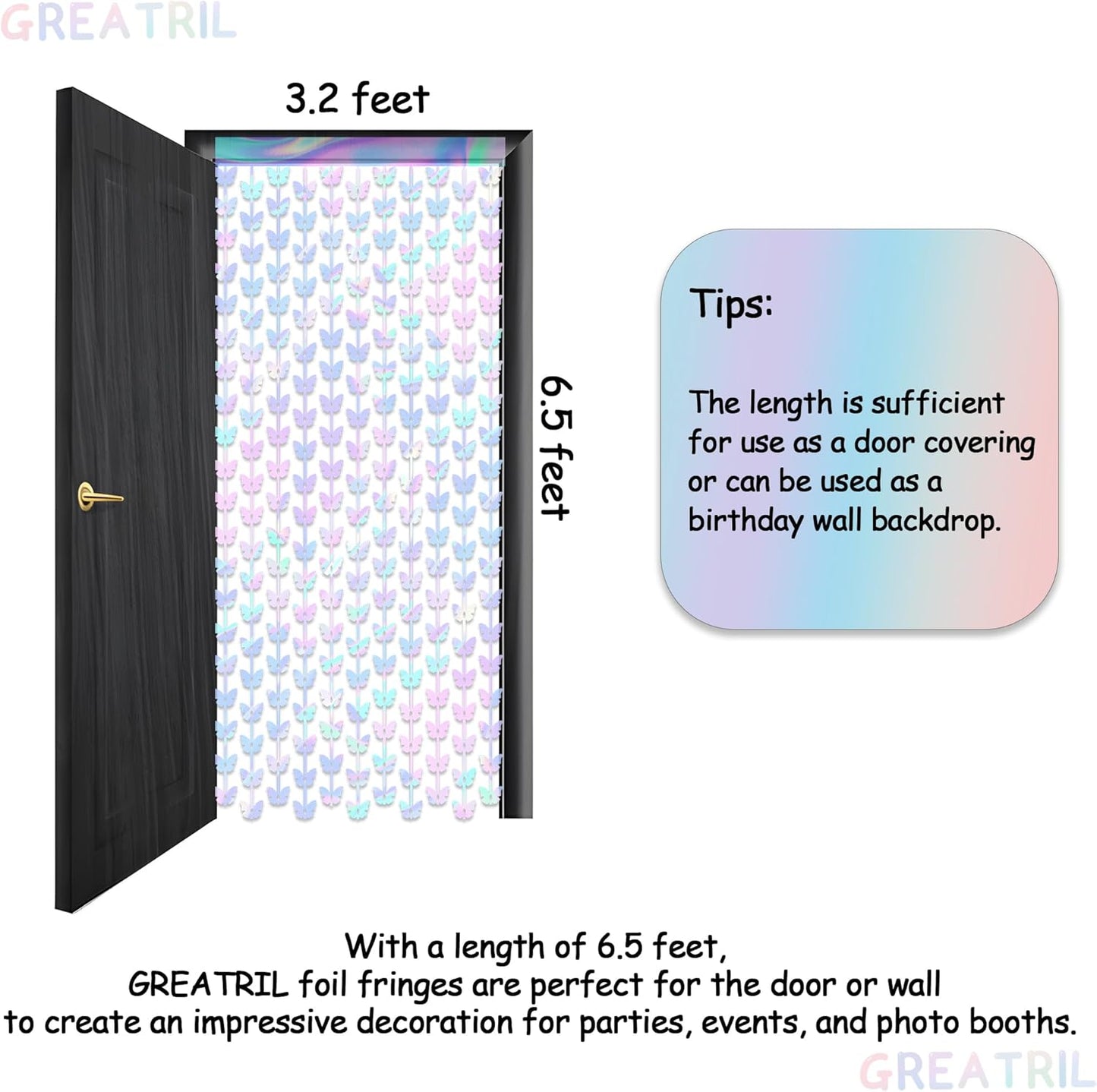 Iridescent Butterfly Fringe Party Backdrop - GREATRIL Fairy Streamers for Butterfly Princess Themed Birthdays Party Decoration - 3.2ft x 6.5ft - 2 Packs