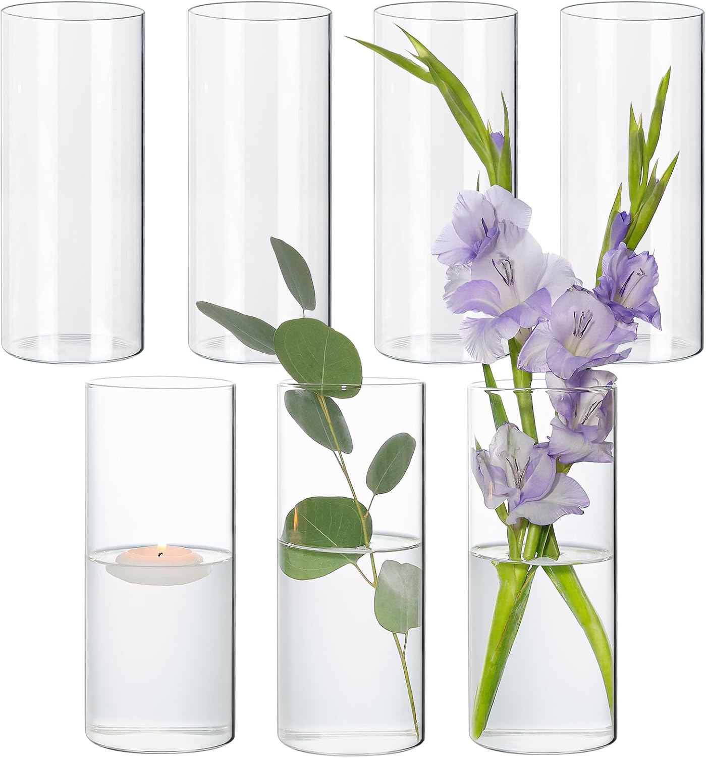 7Pcs Glass Cylinder Vase for Centerpieces Clear Glass Flower Vases Bulk, Glass Hurricane Candle Holder Tall 8 Inch Floral Vases for Table, Floating Candle Vases for Wedding Home Décor