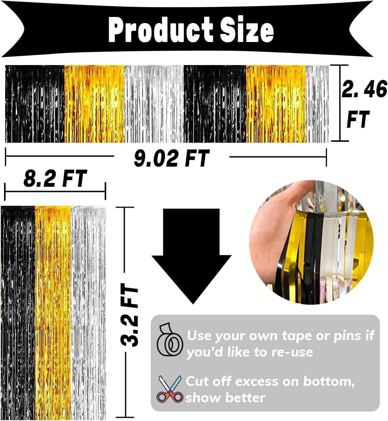 4P Metallic Foil Fringe Tinsel Table Skirts for Rectangle Tables Backdrop Banner Streamer Garland Curtains Parade Floats Wedding Graduation Anniversary Birthday Parties Decoration (Black Gold Silver)