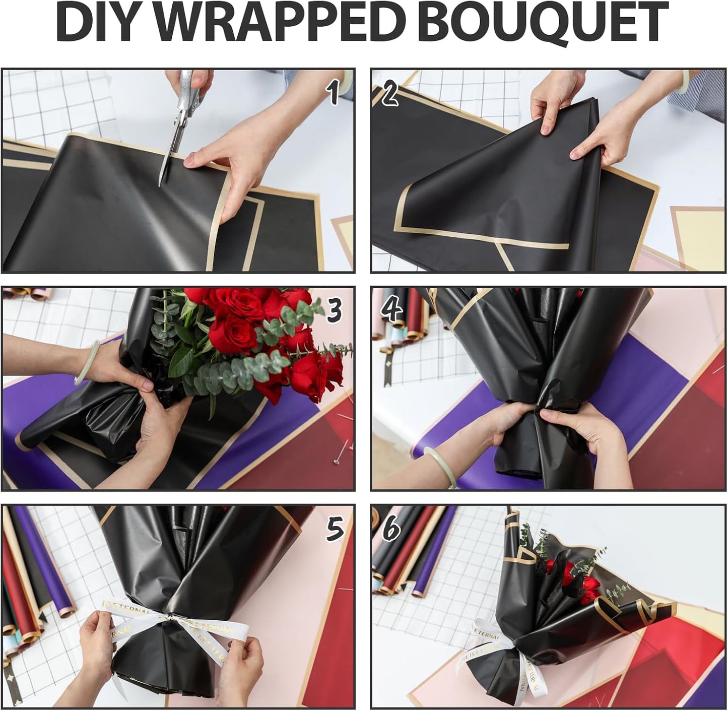 NESCCI 20 Sheets Flower Wrapping Paper - Waterproof Floral Bouquet Wrapping Paper, Florist Supplies Packaging Paper for Wedding Birthday Gift DIY (Black)