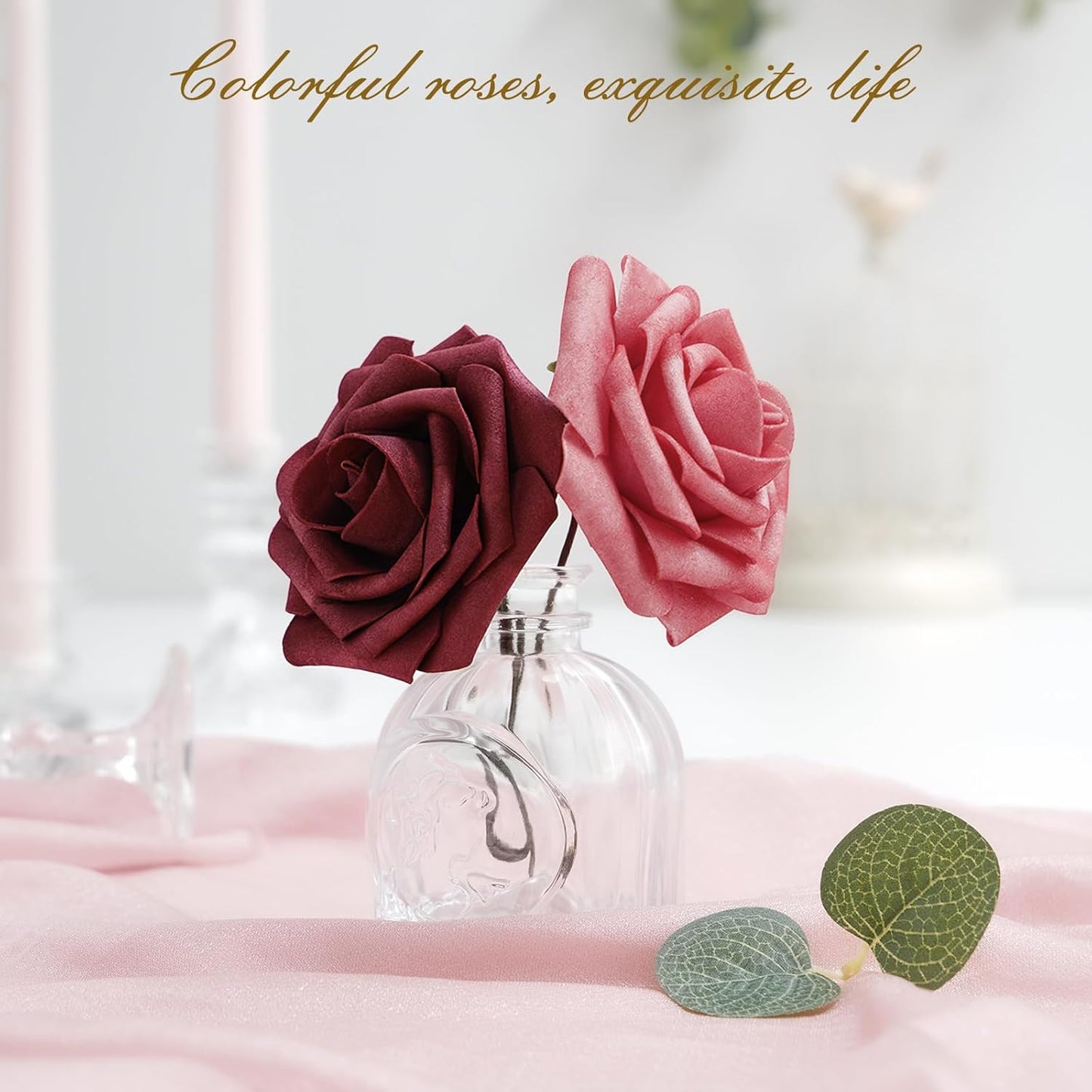 BLEUM CADE 16Pcs Artificial Flowers Fake Roses with Stems, Gradient Burgundy Boxed Foam Roses for DIY Bouquets Centerpieces Wedding Party Arrangement Bridal Shower Decor