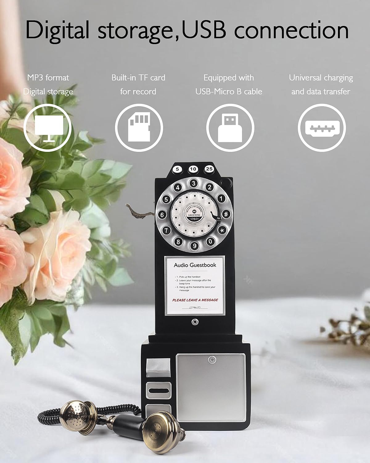 Audio Guest Book Wedding Phone with Vintage Design, Record Customized Audio Message Guest Book for Wedding, Party and Gathering, Black