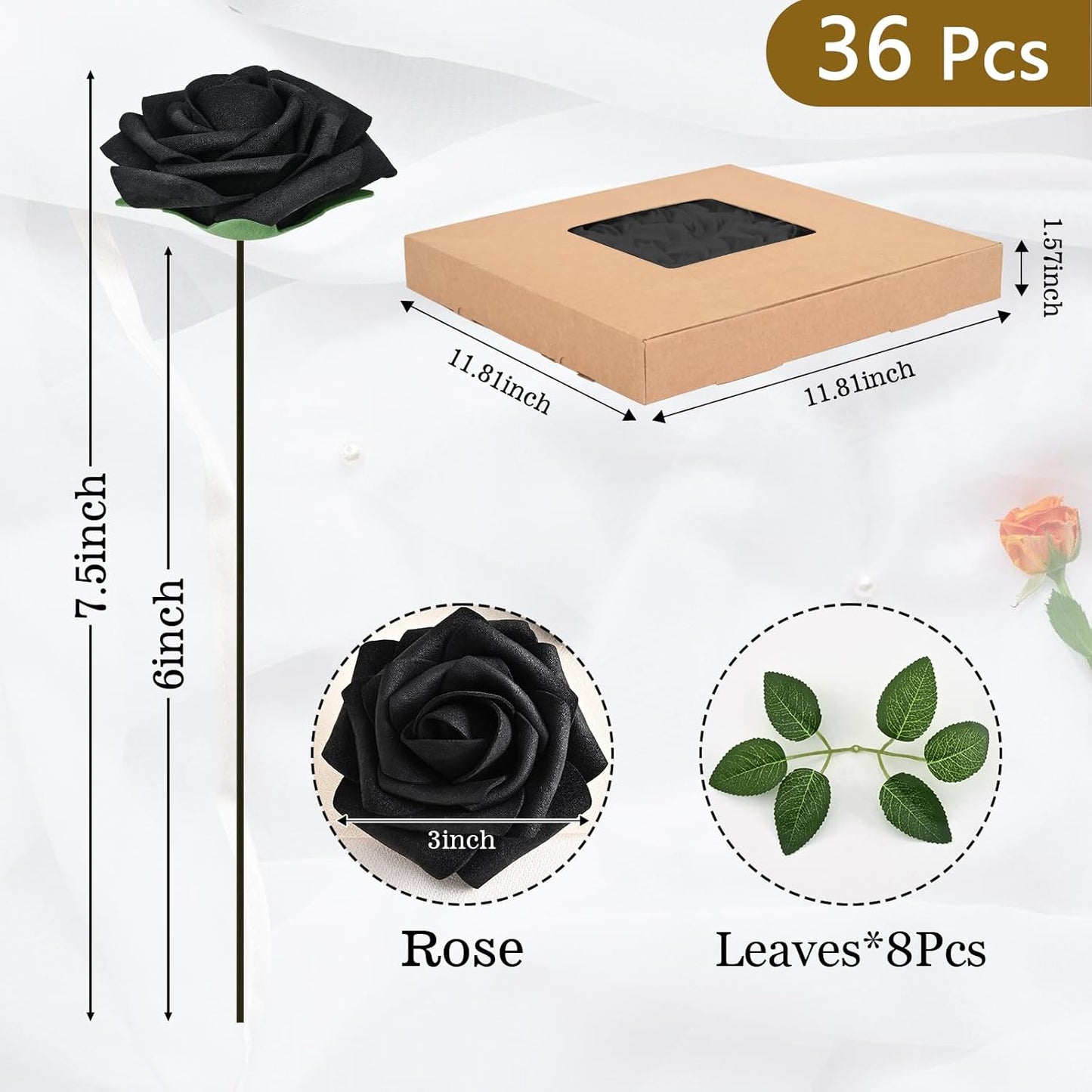 BLEUM CADE 36Pcs Artificial Flowers Fake Roses with Stems, Black Boxed Foam Roses for DIY Bouquets Centerpieces Wedding Party Arrangement Bridal Shower Decor
