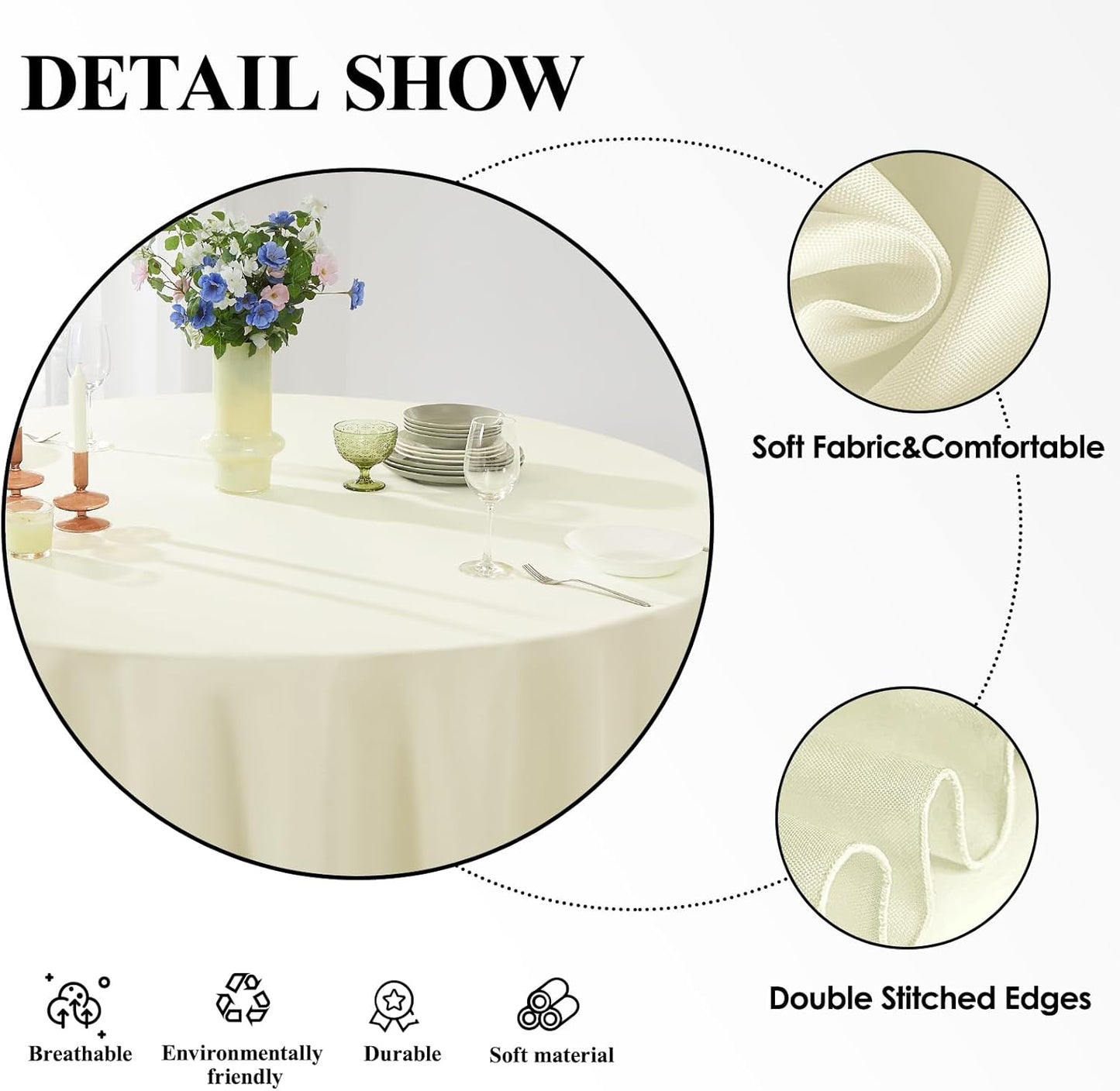 Round Tablecloth 2 Pack 90 Inch Ivory Tablecloths Washable Decorative Linen Polyester Table Clothes Cover for Dining Table Banquets Buffet Parties and Wedding
