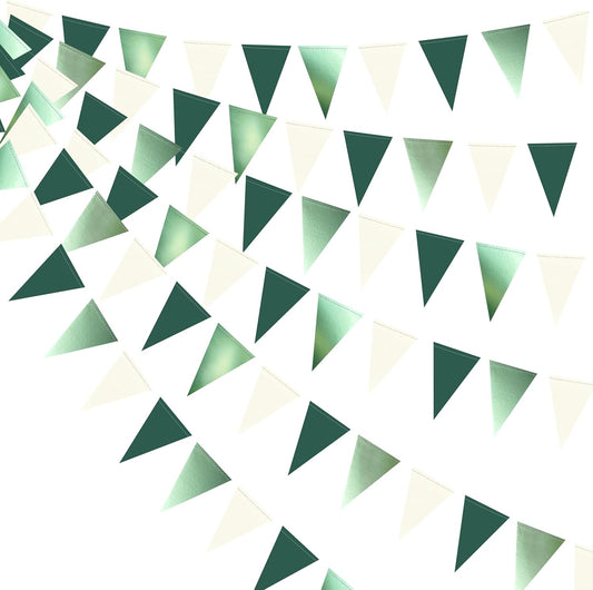 Sage Green Decorations Hanging Paper Pennant Banner Flag Green Beige Triangle Bunting Garland for Birthday Baby Shower Wedding Engagement Neutral Safari Wild One Woodland Jungle Theme Party Supplies