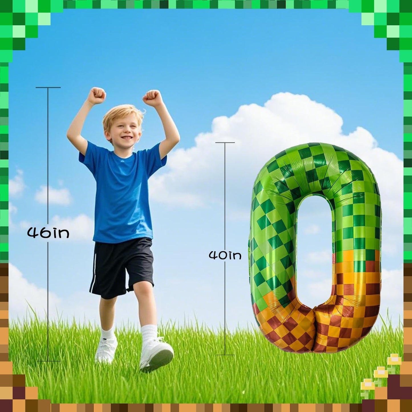 Pixel & TNT Theme 40in Giant Number Balloons - Foil Mylar Birthday Party Decorations for Kids Adults Cumpleaños, Block Style Pixel Art Shape Balloon Decor Supplies (Pixel, Number 0)