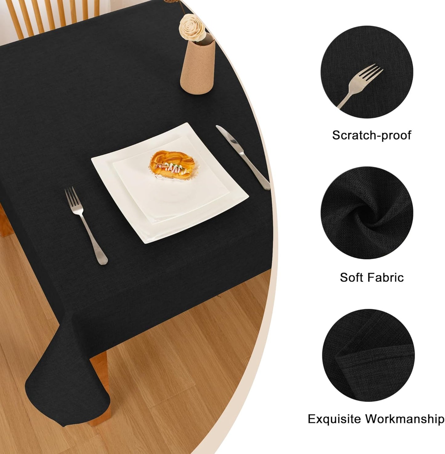 Hiasan Faux Linen Rectangle Tablecloth - Wrinkle and Stain Resistant Washable Table Cloth for Kitchen Dining Room Holiday Table Cover for Party Dinner, Black, 52 x 70 Inch