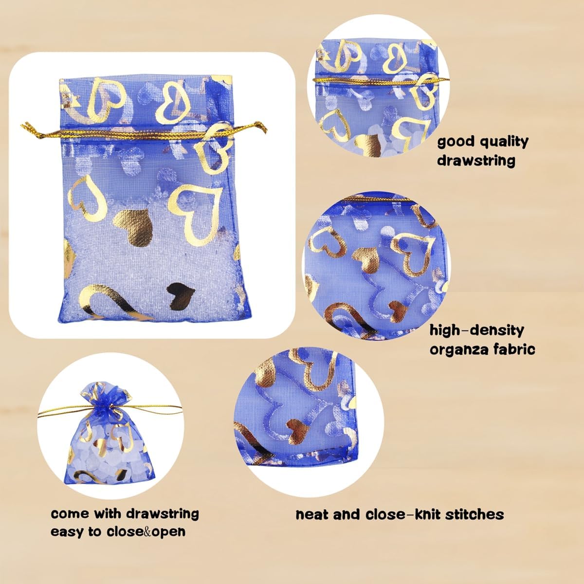 100 Pack 2.8 x 3.5 Inch Flower Heart Organza Jewelry Gift Pouch Candy Pouch Drawstring Wedding Favor Bags B511S (royalblue gold heart)