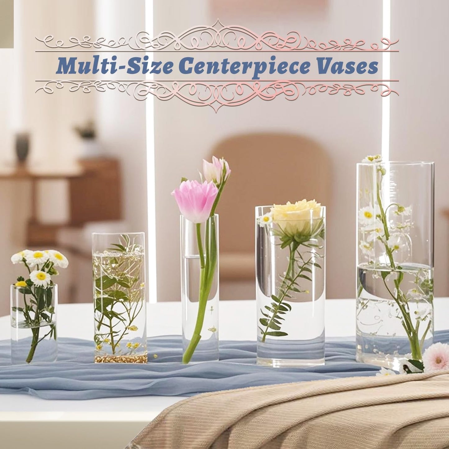 5pcs Glass Vase Cylinder Vases for Centerpieces Small Flower Glass Vases Home Decor Centerpiece Table Clear Flower Vase Decorations for Wedding＆Holiday 4,6,7.5,8,10 Inch Tall