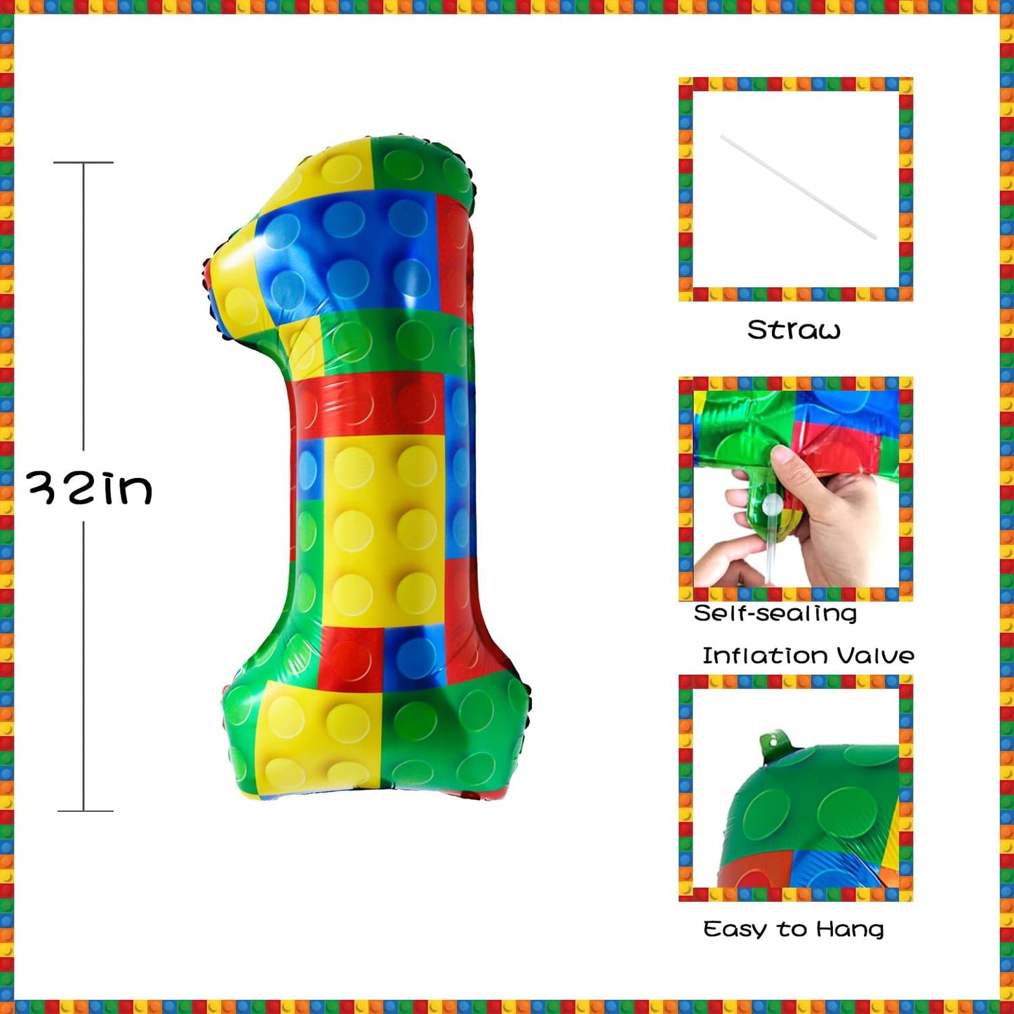32 Inch Stackable Block Number 1 Balloon – Colorful Brick Building Themed Big Helium Digits for Kids Birthday Party Decorations (Number 5) (Building Block, Number 1)