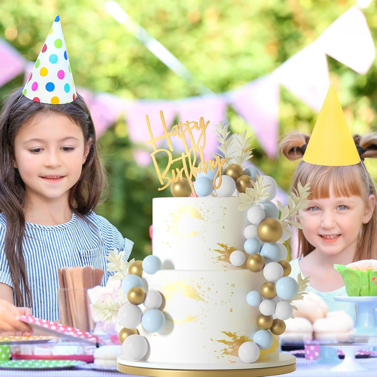 MIAHART Ball Cake Toppers Boho Grass Cake Topper Ball Cake Insert Decoration for Birthday Wedding Baby Shower Party Decorations Boho Themed Party Supplies (gold，light blue，white)