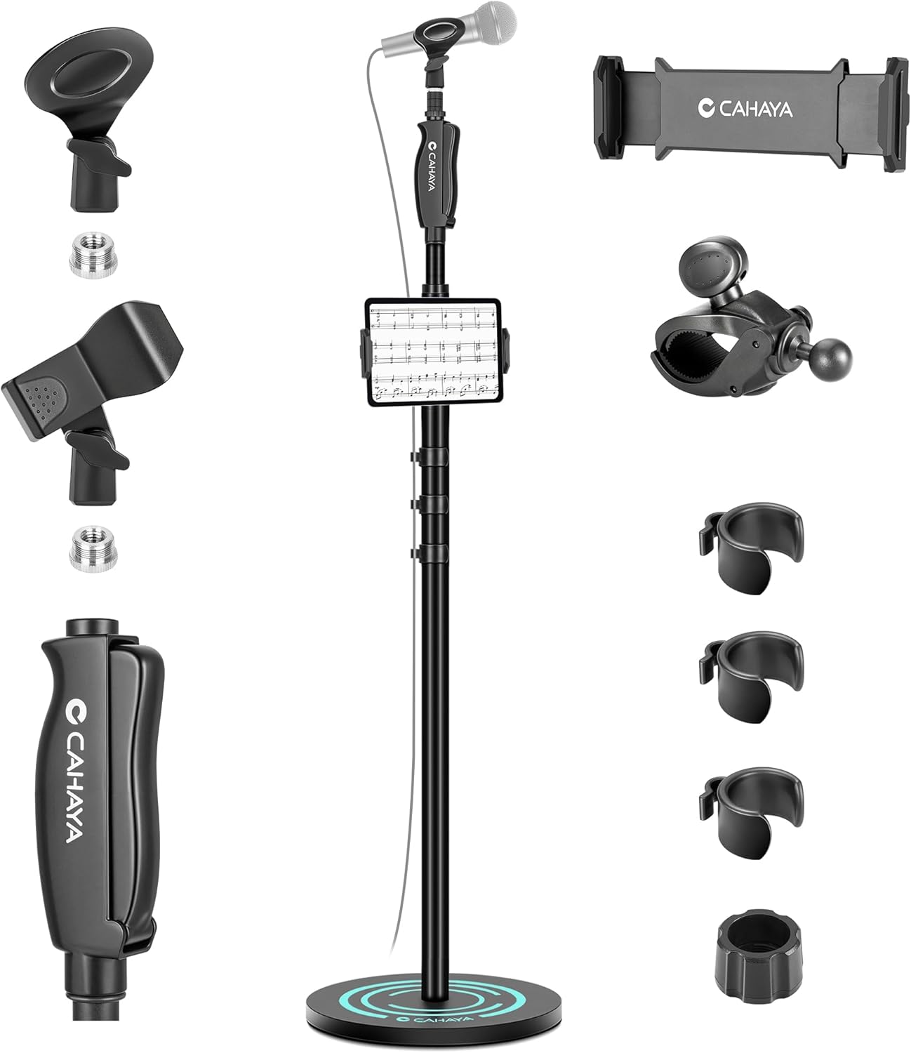 CAHAYA Microphone Stand Floor Universal - Metal Mic Stand with Weighted Round Heavy Base Mic Stands Adjustable Height with Phone Holder Mic Floor Stand with 2 Mic Clips and 3/8'' to 5/8'' Adapter