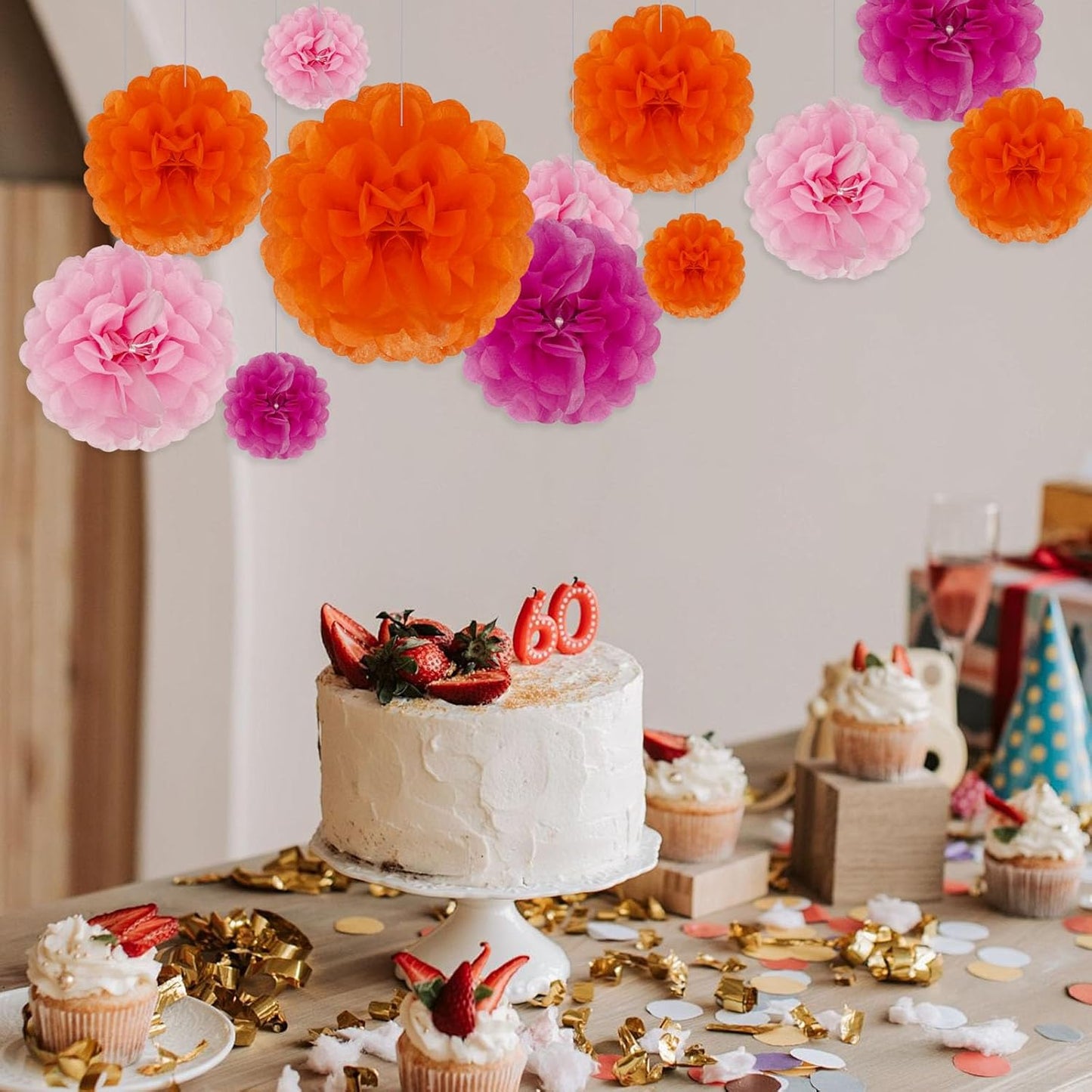 Tissue Paper Pom Poms, Pink,Orange,Fuchsia Tissue Paper Flowers, Hanging Flower Balls for Weddings Fiesta Parties Birthday Baby Showers Classroom Bridal Shower Decoration (18Piece Set-6/10/12/14Inch)