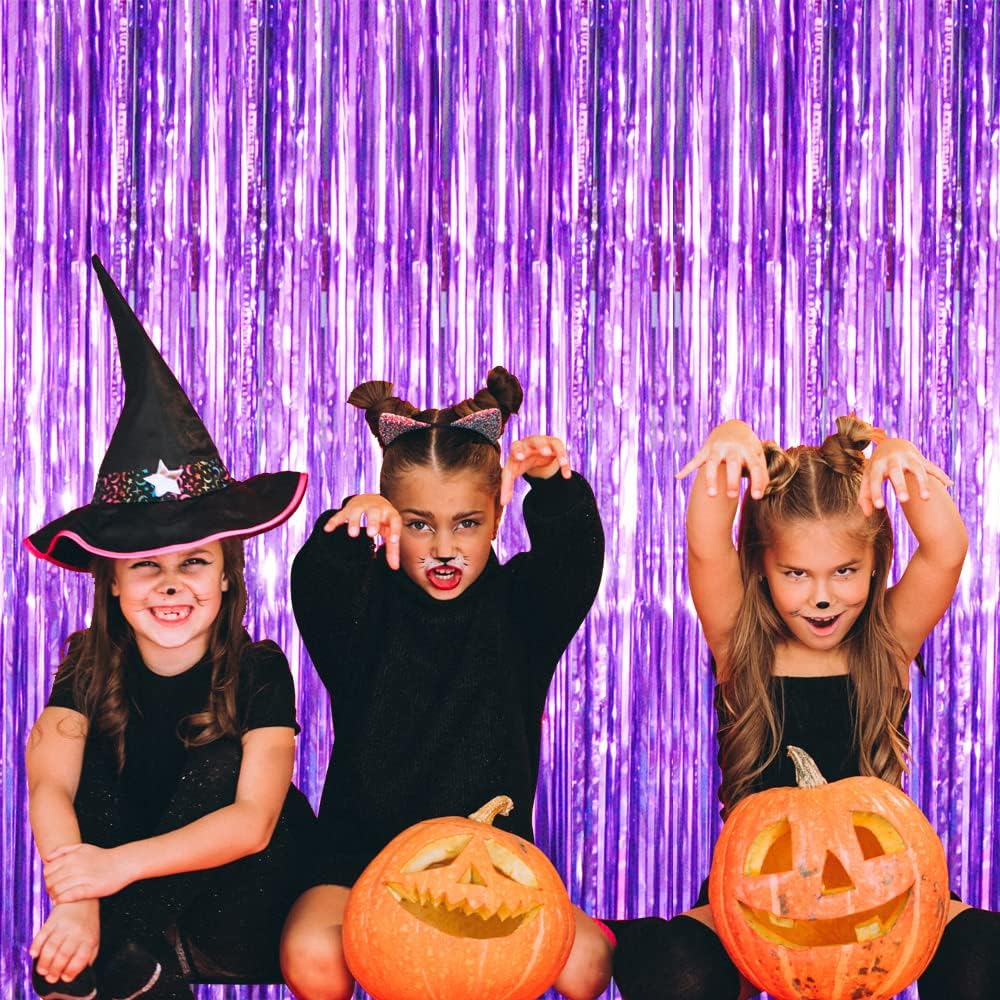 GOER 3.2 ft x 8.2 ft Metallic Tinsel Foil Fringe Curtains Party Photo Backdrop Party Streamers for Halloween,Birthday,Graduation,New Year Eve Decorations Wedding Decor (Purple,1 Pack)