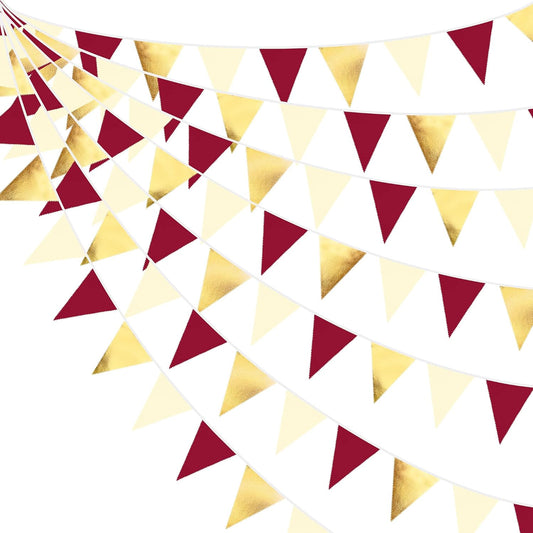 Burgundy Party Decorations Gold Maroon Beige Fabric Triangle Pennant Banner Garnet Flag Bunting Garland for Graduation Wedding Birthday Bridal Shower Bachelorette Anniversary Engagement Party Supplies