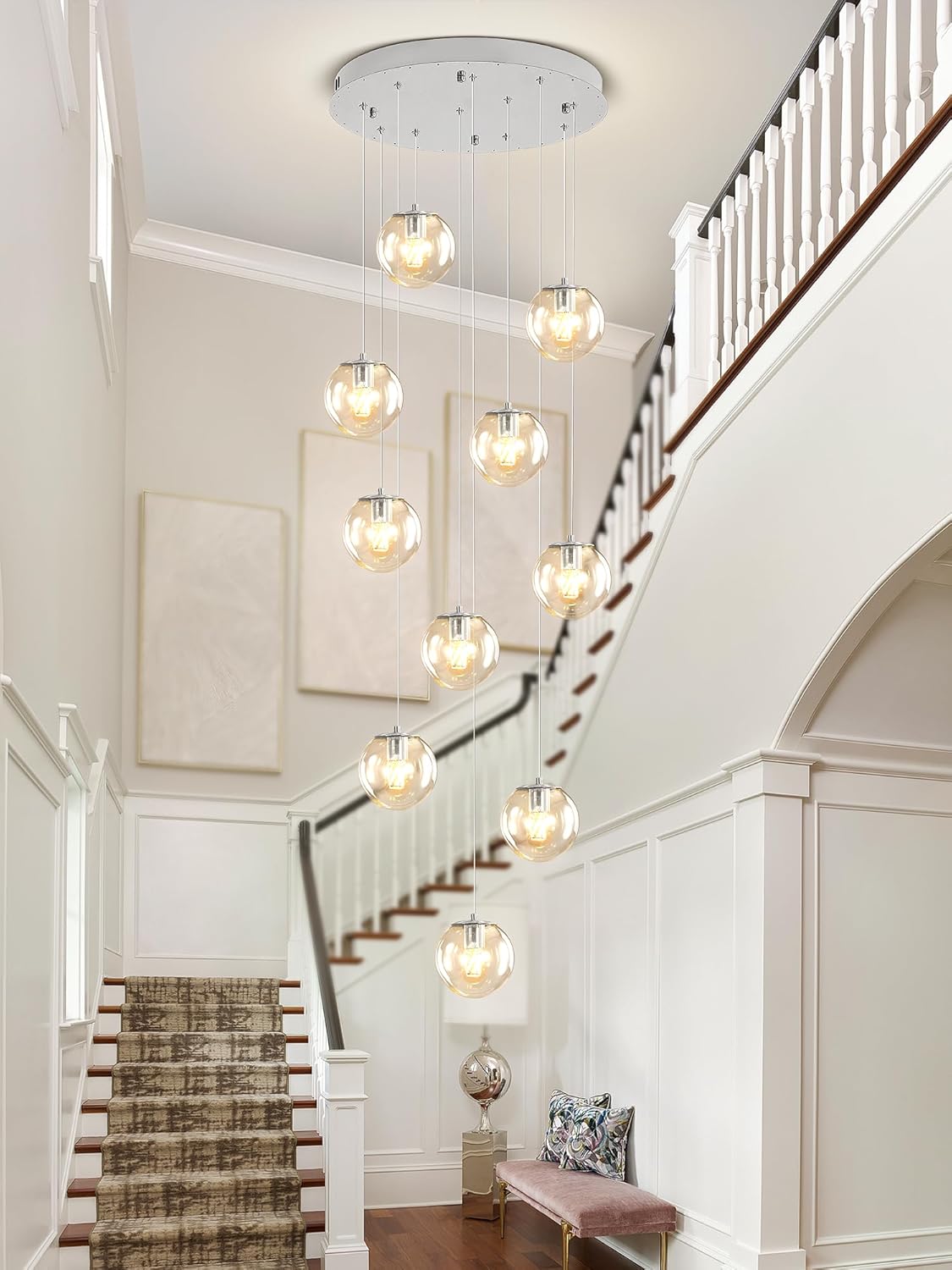 H118 Staircase Chandelier for Entryway Modern Globe Chandelier 12-Lights Glass Globe Pendant Light Large Chandeliers for High Ceiling Foyer Stairwell