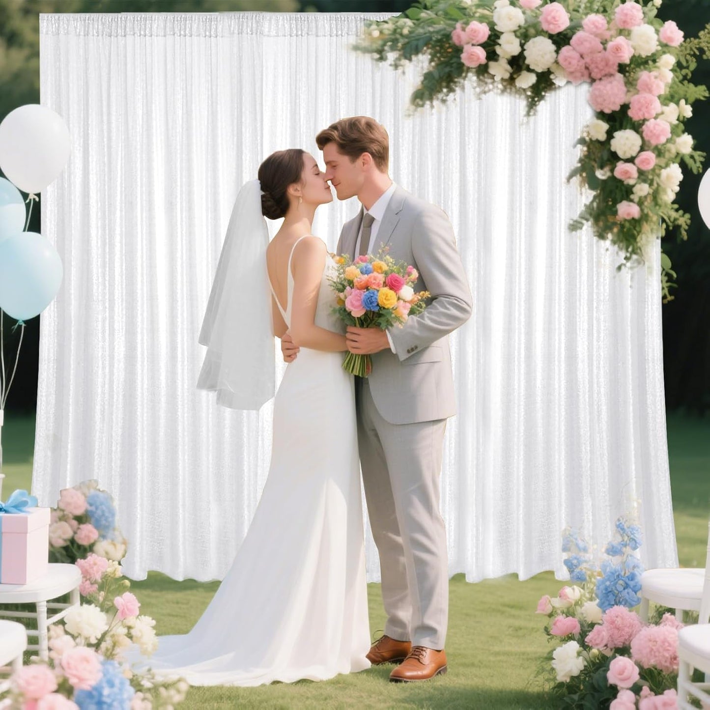 White Sequin Backdrop Curtain 2 Pieces 2FTx8FT Glitter Photography Backdrop for Party Wedding Birthday Christmas Decorations