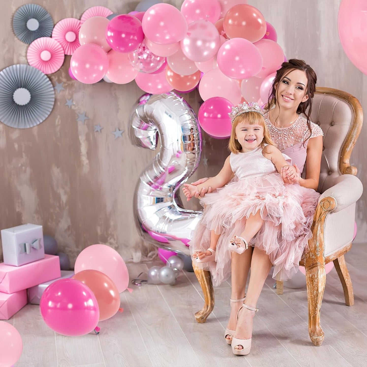 100pcs Pink Balloons Assortment - 12 Inch Metallic, Dusty Rose, Pearl & Hot Pink Pastel Balloons for Baby Shower, Bachelorette Party, Princess Birthday, Gender Reveal Party(66ft Ribbons)