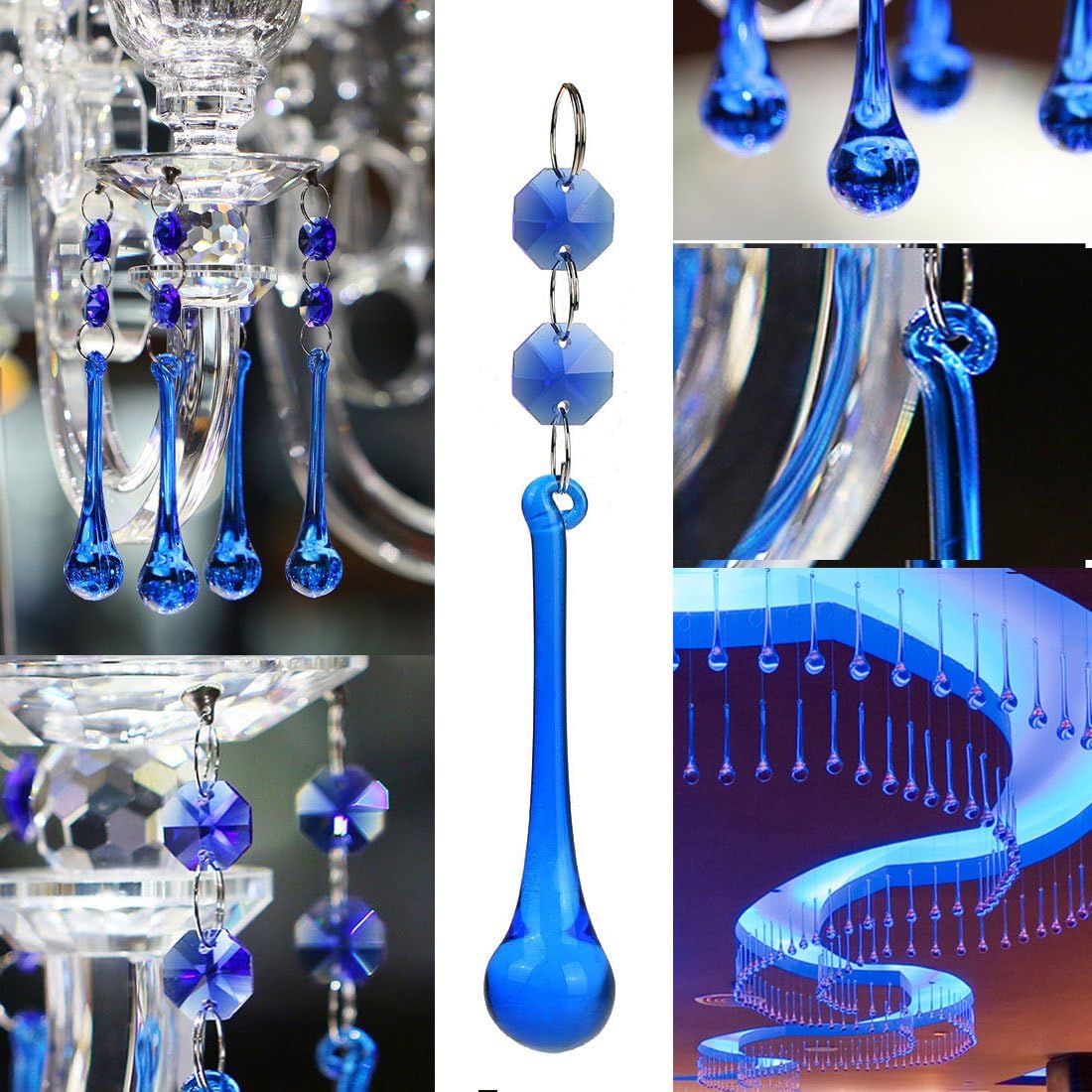 H&D 10pcs Suncatcher Crystal Raindrop Chandelier Prisms Pendants,Glass Prisms with Octagon Beads Lamp Curtain DIY Suncatcher Chandelier Parts (Cobalt Blue)