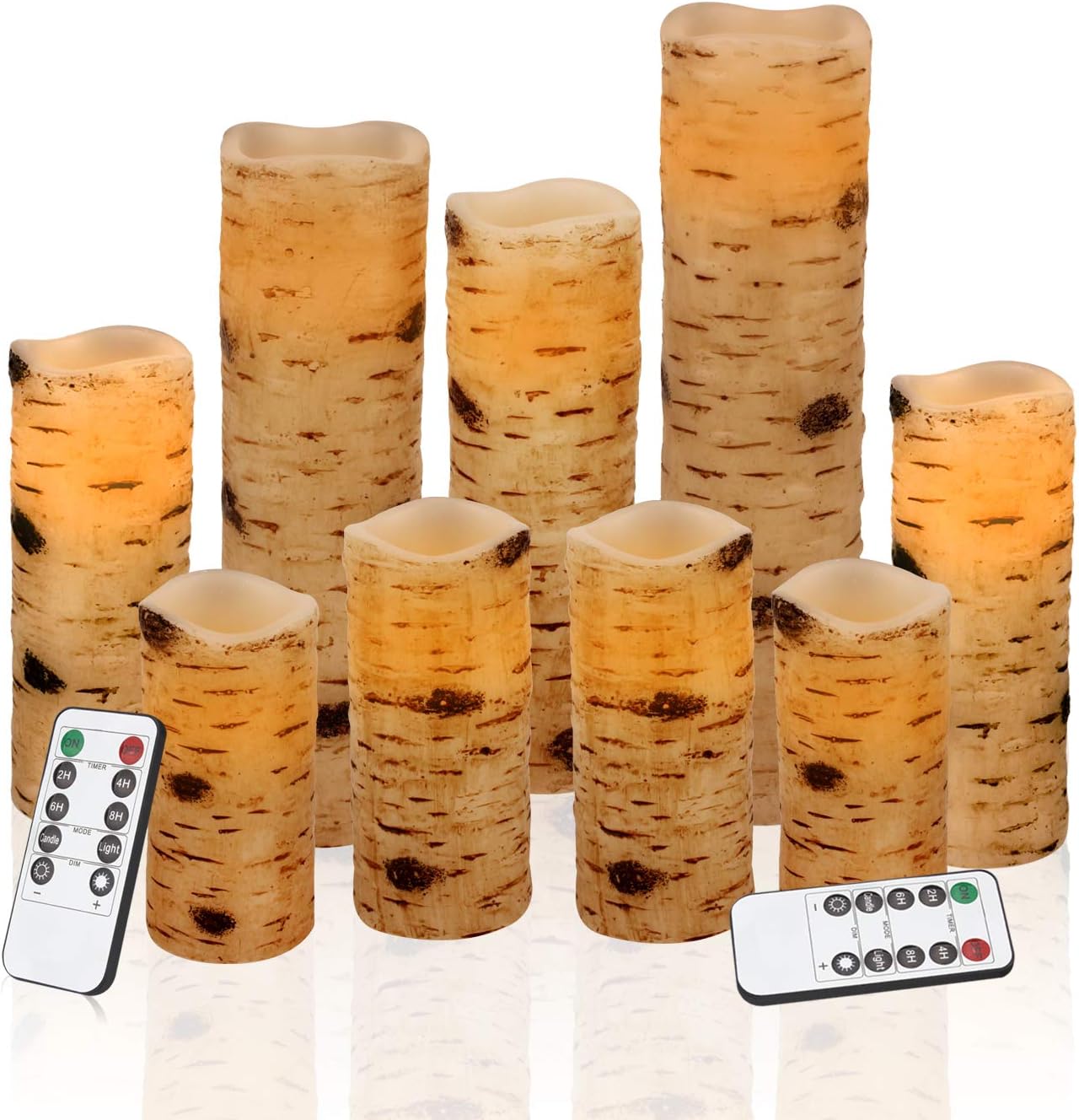 Vinkor Flameless Candles Battery Operated Candles Birch Effect 4" 5" 6" 7" 8" 9" Set of 9 Real Wax Pillar LED Candles with 10-Key Remote Control 2/4/6/8 Hours Timer