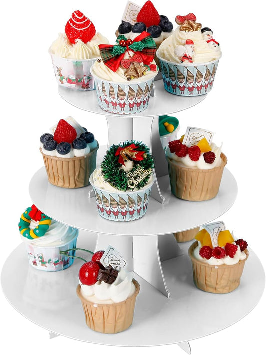 3-Tier Cupcake Stand, Cake Stand holder, Tiered DIY Cupcake Stand Tower for Dessert Table Displays, Birthday Theme Party Favors Decoration, Floral Tea Party, 12" W x 12.8" H, White
