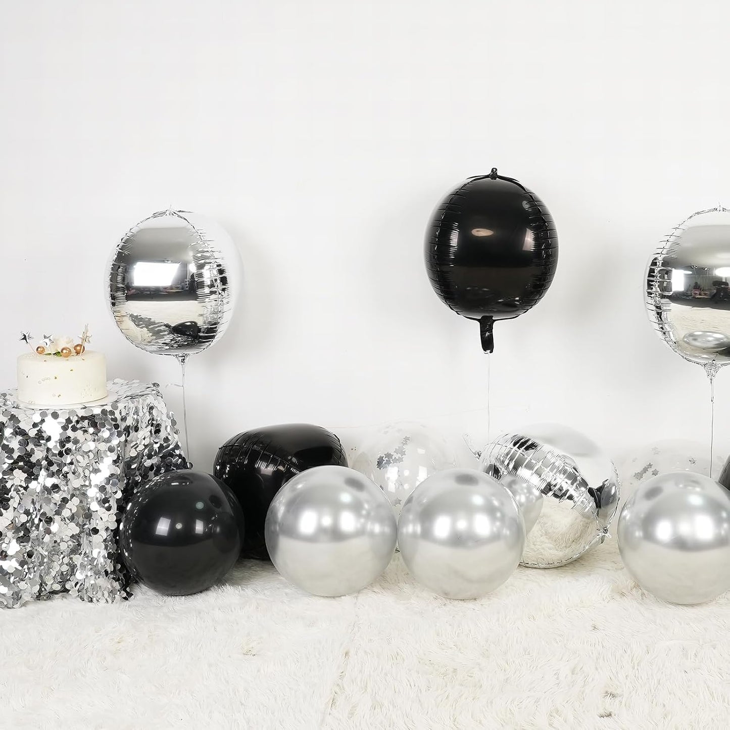 6Pcs Silver Black Round Foil Balloons,Giant 4D Round Ball Balloon,22 Inch Metallic Balloons for Birthday Wedding Graduation Prom Party Decorations