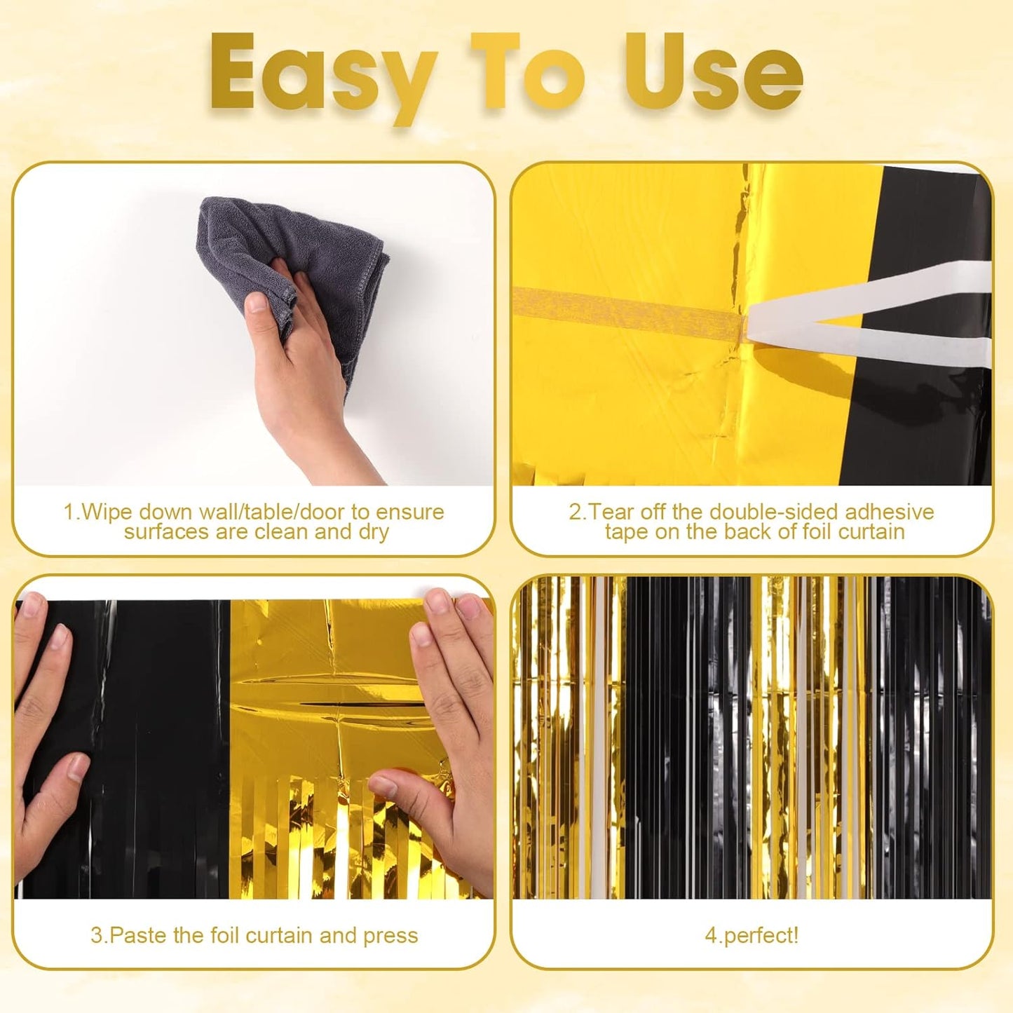 4 Pack Black and Gold Foil Fringe Backdrop Curtains, Tinsel Streamers Birthday Party Decorations, Fringe Backdrop for Graduation, Baby Shower, Gender Reveal, Disco Party
