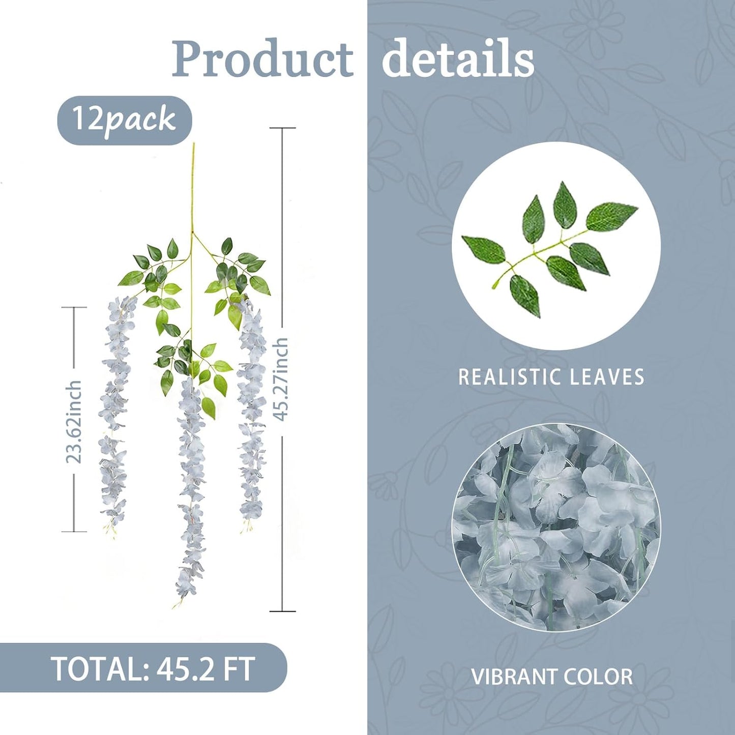 12 Pack Grey Wisteria Hanging Flowers Garland, 3.77 Feet Artificial Flower Vines, Fake Wisteria, Artificial Vines Hanging Garland for Backdrop Outdoor Yard Garden Decor