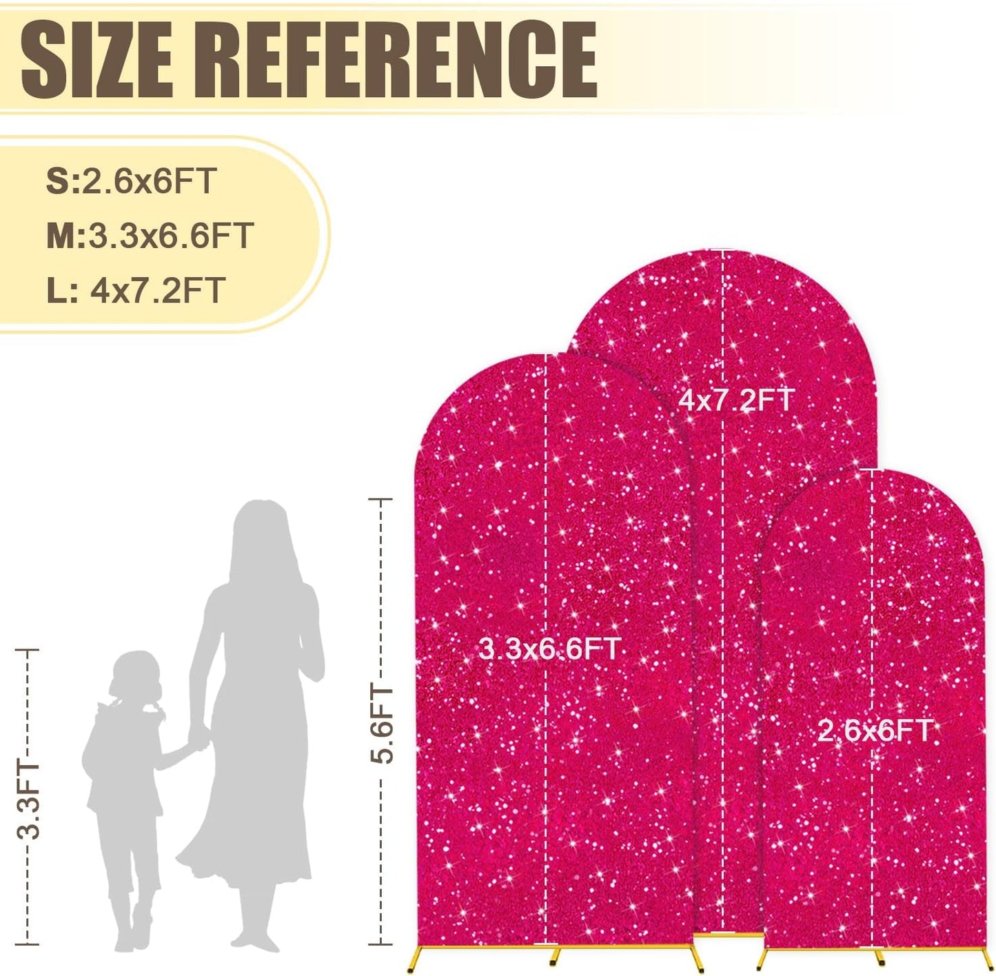MODFUNS Metal Arch Backdrop Stand and Cover Set 6&6.6&7.2ft Hot Pink Sequins Arch Backdrop Cover Set of 3 Gold Arch Stand with Covers for Baby Shower Birthday Party Banquet Decoration