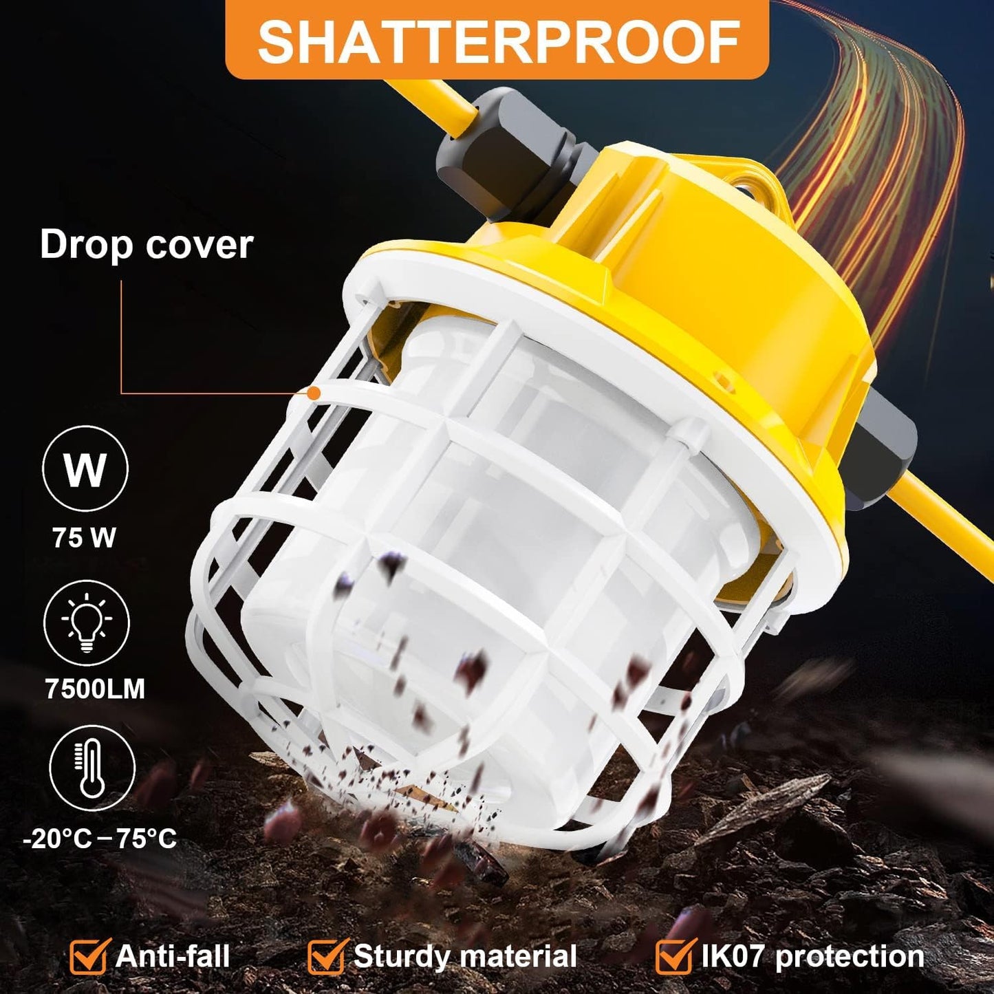 50ft LED Construction String Lights, 75W 7500LM Industrial Grade Super Bright String Work Lights for Construction Sites, Temporary Work, Renovation, Jobsite, and All Outdoor Lighting(50ft-5lights)