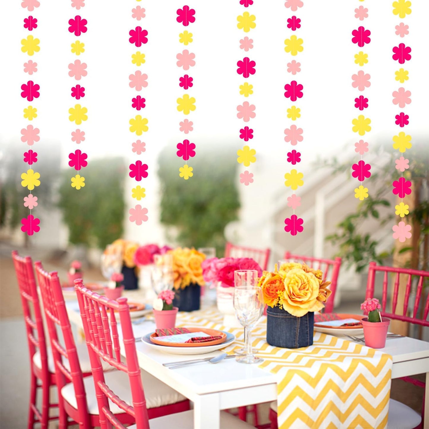 Hot-Pink Yellow Fall Party-Decorations Streamers-Garland - 52ft Boho Flower Hanging Paper Banner, Groovy Birthday Baby Bridal Shower Bachelorette Wedding Classroom Decor Hugfond
