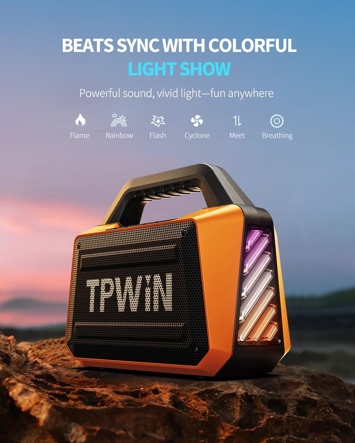 Bluetooth Speaker - 80W Loud, Rugged Outdoor Speakers, IPX6 Waterproof, 20H Playtime, Deep Bass, Lightshow, TWS, BT 5.3 Wireless, Portable for Travel Hiking Camping Beach Pool - Orange