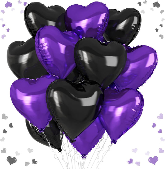 Purple Black Heart Balloons, 18 Inch Purple and Black Heart Foil Shape Balloon, 12PCS Large Love Helium Romantic Balloons for Halloween Birthday Bridal Shower Wedding Anniversary Party Supplies