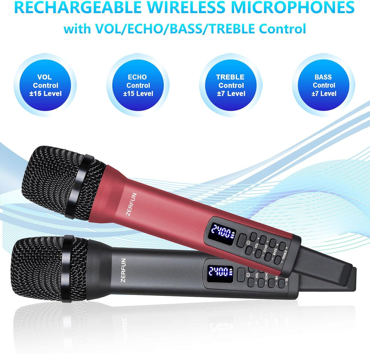 Dual Rechargeable Wireless Microphones, Pro Handheld Cordless Mics System with Echo Treble BASS VOL Control for Karaoke Singing Church Party, 1/4'' Output, Grey&Red